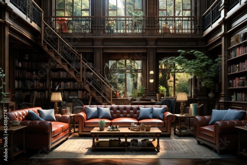 A home library with floor-to-ceiling wooden bookcases in a contemporary setting. Generative AI