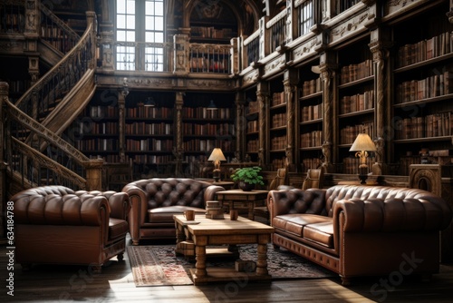 Floor-to-Ceiling Elegance: A Contemporary Home Library Adorned with Wooden Bookcases. Generative AI