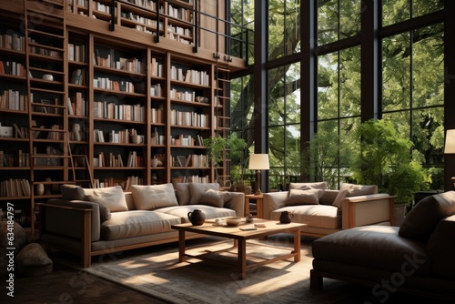Floor-to-Ceiling Elegance: A Contemporary Home Library Adorned with Wooden Bookcases. Generative AI © Ivy