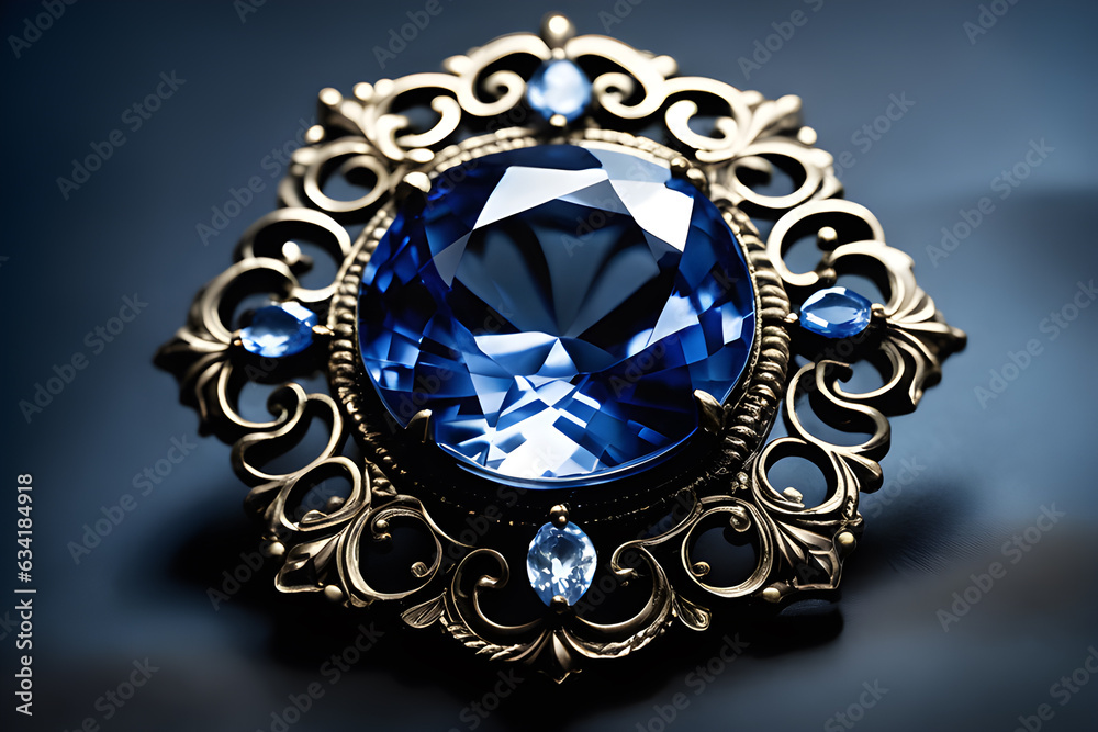 Vintage brooch with large light blue sapphire. Fine jewelry with a transparent stone - obrazy, fototapety, plakaty 