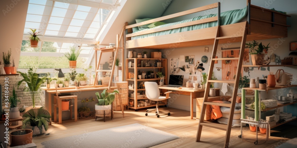 A child's bedroom with a modern wooden loft bed and wooden study desk. Generative AI