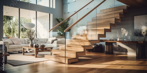 A modern wooden staircase with glass railings in a bright, open-plan home. Generative AI