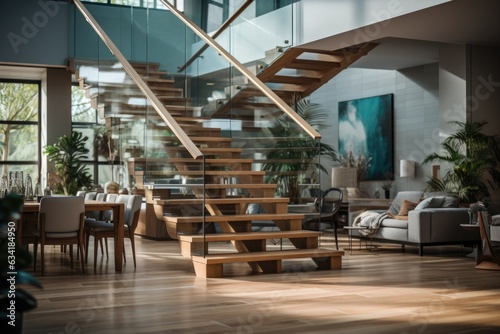 A modern wooden staircase with glass railings in a bright, open-plan home. Generative AI