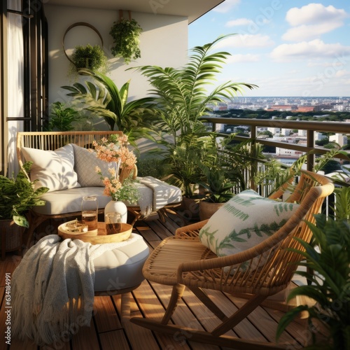 Outdoor Oasis  Balcony Furnished with Modern Wooden Furniture and Potted Plants. Generative AI