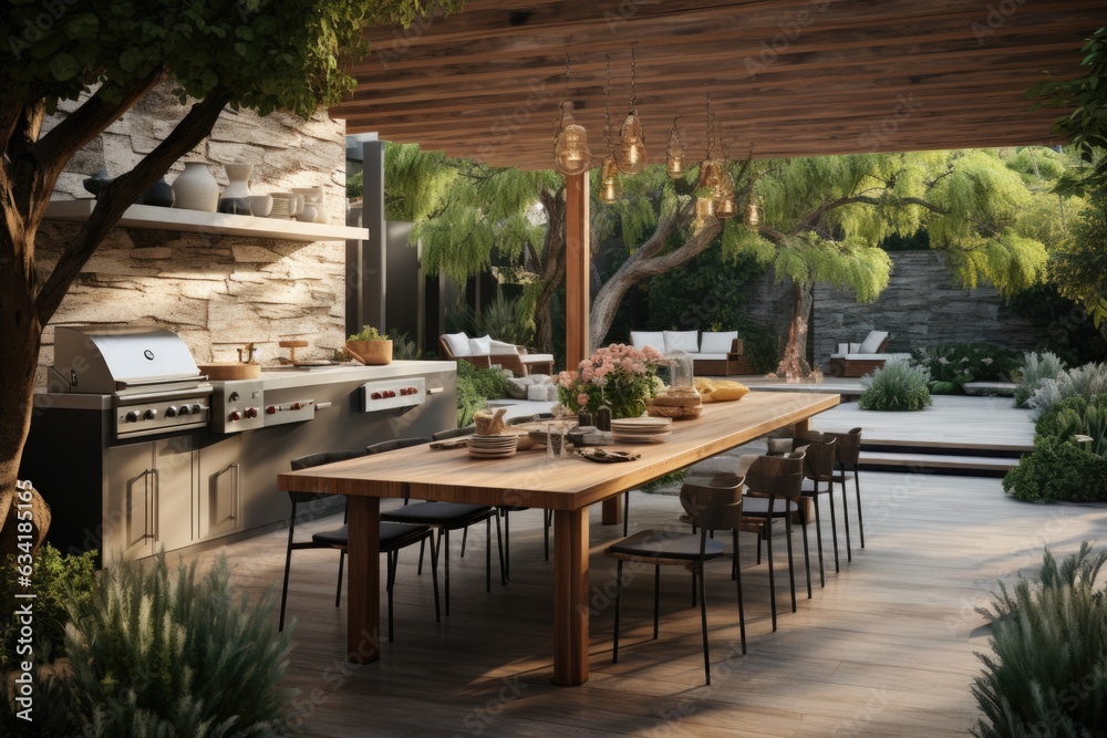 Stylish Grill Zone: Outdoor Kitchen Featuring Modern Wooden Pergola and Inviting Dining Area. Generative AI