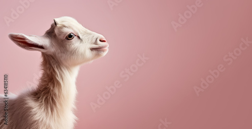 Cute small goat, studio portrait with copy space on side. Generative AI