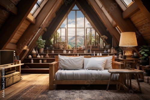 Modern Comfort in the Attic: Cozy Conversion with Wooden Beams and Contemporary Furniture. Generative AI © Ivy