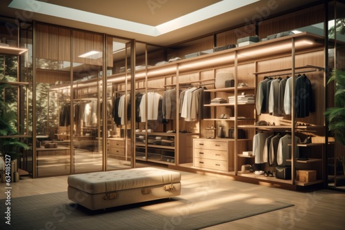 Modern Closet Oasis: Walk-In Wardrobe Featuring Wooden Storage Solutions and Contemporary Lighting. Generative AI © Ivy