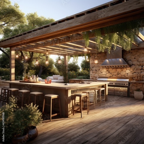Stylish Grill Zone  Outdoor Kitchen Featuring Modern Wooden Pergola and Inviting Dining Area. Generative AI