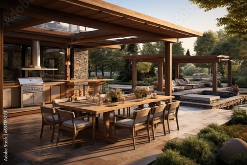 Stylish Grill Zone: Outdoor Kitchen Featuring Modern Wooden Pergola and Inviting Dining Area. Generative AI © Ivy