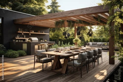 Outdoor Dining Delight: Modern Wooden Pergola and Kitchen Creating a Relaxing Ambiance. Generative AI