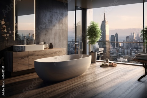 Contemporary Bath Retreat: Modern Bathroom with Wooden Floor Standing Bathtub and Sink. Generative AI © Ivy