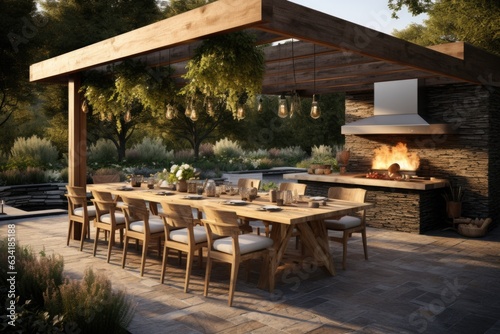 Patio Paradise  A Modern Wooden Pergola and Dining Space Transforming into an Outdoor Kitchen. Generative AI
