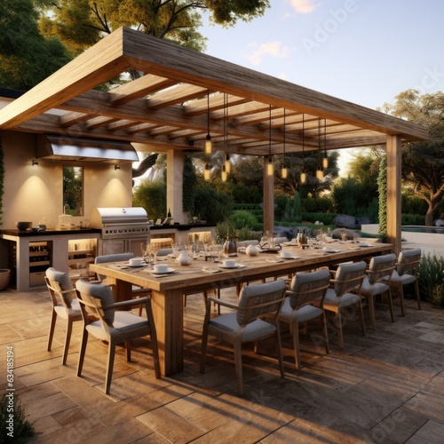 Patio Paradise: A Modern Wooden Pergola and Dining Space Transforming into an Outdoor Kitchen. Generative AI © Ivy
