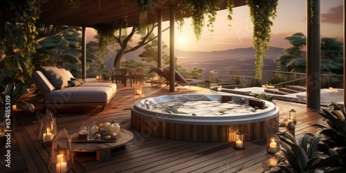 A home spa with wooden decking  modern seating  and a hot tub. Generative AI