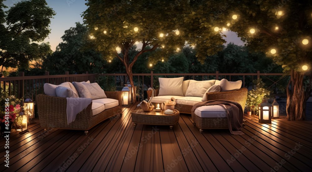 Summer evening on the patio of beautiful suburban house with lights in the garden garden, digital ai	 - obrazy, fototapety, plakaty 