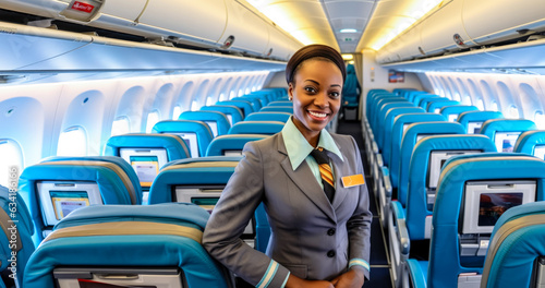 African American woman working as flight attendant. Female airplane stewardess with blurred seats in aisle background. Generative AI