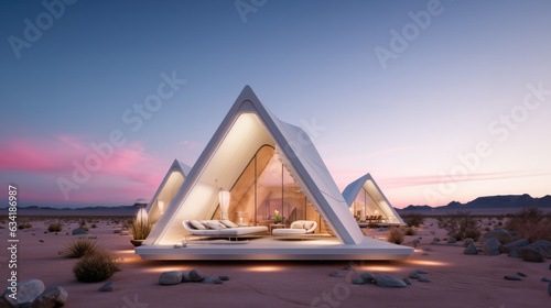 futuristic desert house with a sleek and modern design, futuristic and luxurious campsite, tent design, warm light
bedroom, living room, pink light in the sky at sunset atmosphere on the desert, AI