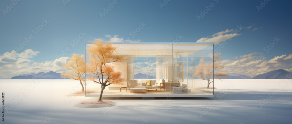 minimalist glass house with a stunning tree, surrealist dessert landscape, 3D concept art, architecture et nature, AI minimalist glass house with a stunning tree, surrealist dessert landscape, 3D concept art, architecture et nature, AI
