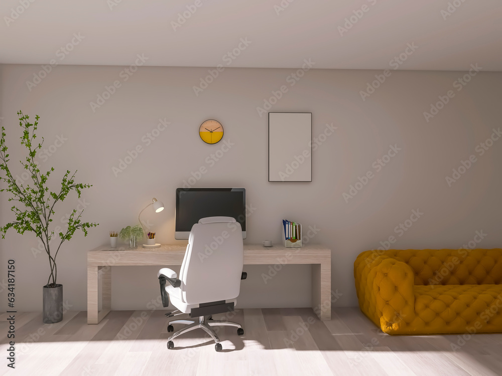 Work room with computer 3d render, 3d illustration