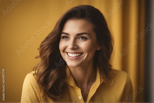 captivated in Color A Woman's Amazed Expression Shines on Yellow, Eyes Wide Open: The Enthralling Photo of an Excited Woman on Yellow, Vibrant Surprise: Immersing in the Joy of an Excited Woman's