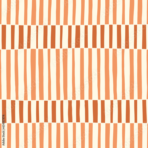 Hand-Drawn Orange and Brown Geometric Checks Vector Seamless Pattern. Modern Retro Palyful Print. Organic Square Shapes