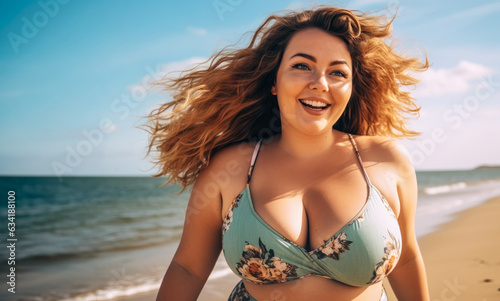 Confident plus sized woman, enjoying sunny day at beach wearing two pieces swimwear bikini. Body positivity concept. Generative AI