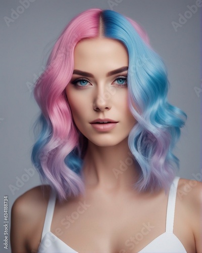 Prismatic Glam Model's Beauty with Pink and Sky Blue Hair on Watercolor, women day celebrate