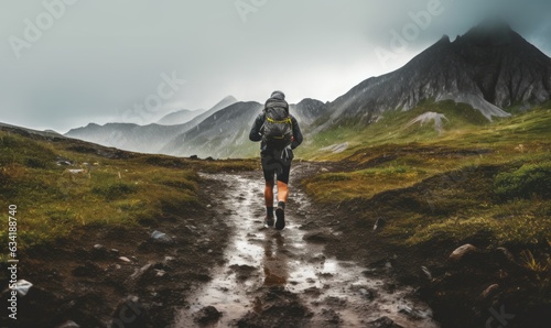 Man with a backpack runs in the mountains. Challenge, healthy life.