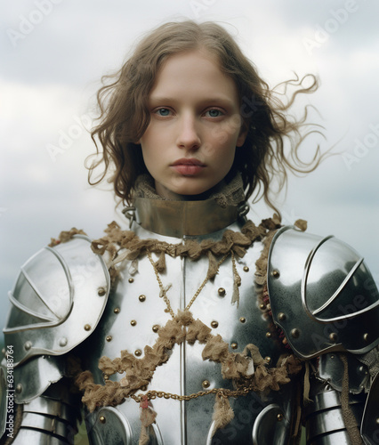 Fotografia Beautiful young woman in armor, medieval knight, Joan of Arc
