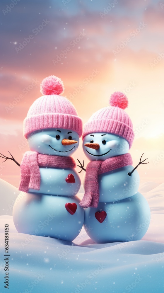 Two snowmen in love in the snow with a cap and a hat. New Year and Christmas concept. Romantic, pastel background.