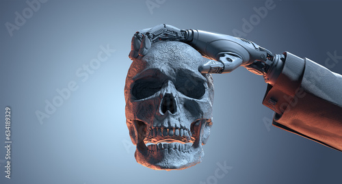 Detailed 3d render of Robot standing against mankind, Cybernetic arm in sleeve of business suit holding human skull. Evolution of Artificial intelligence concept. Machine learning evolving photo
