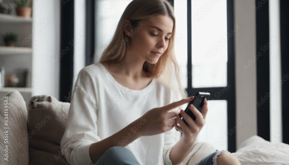 Young woman texting on smartphone at home. Connection, technology, apps, smartphone mock up, communication concept Young woman texting on smartphone at home. Connection, technology, apps, smartphone mock up, communication concept