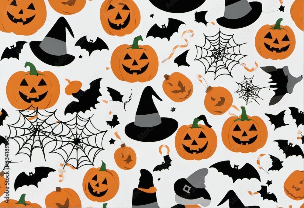 Happy Halloween flat lay with pumpkins and spooky decorations Happy Halloween flat lay with pumpkins and spooky decorations
