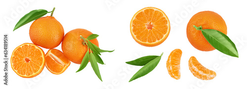 Tangerine or clementine with green leaf isolated on white background with full depth of field. Top view. Flat lay