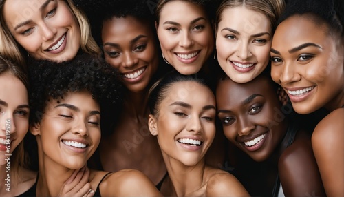 Diverse group of women embracing for a skincare campaign