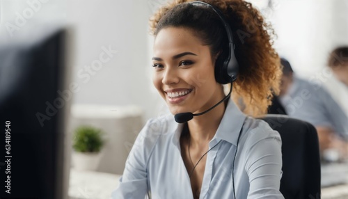 Happy young woman in call center with headset and CRM, providing customer service with a smile