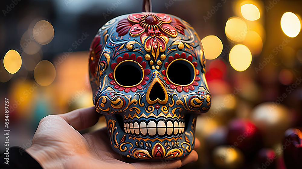 Hand holding a decorative Day of the Dead skull. Generative AI Hand holding a decorative Day of the Dead skull. Generative AI