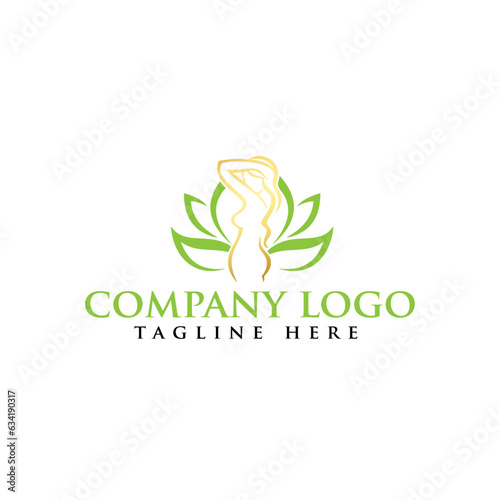 Feminine gold logo female silhouette with lotus flower
