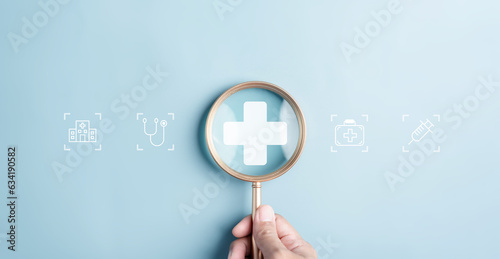 Fototapeta Naklejka Na Ścianę i Meble -  Health insurance concept. people magnifier holding plus and healthcare medical icon, health and access to welfare health concept.