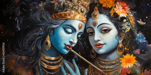 Krishna and Radha, a Divine Couple in Painting Collage: A beautiful painting collage of Krishna and Radha, the divine couple in Hindu mythology. photo