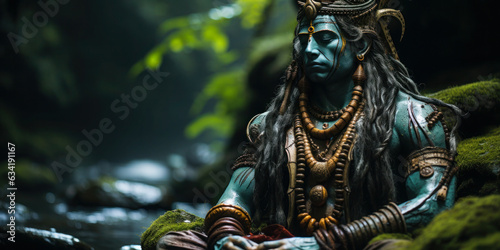 A Zen Moment: A peaceful image of a statue of Shiva in a zen garden, surrounded by nature, inviting the viewer to relax and reflect. © Bartek