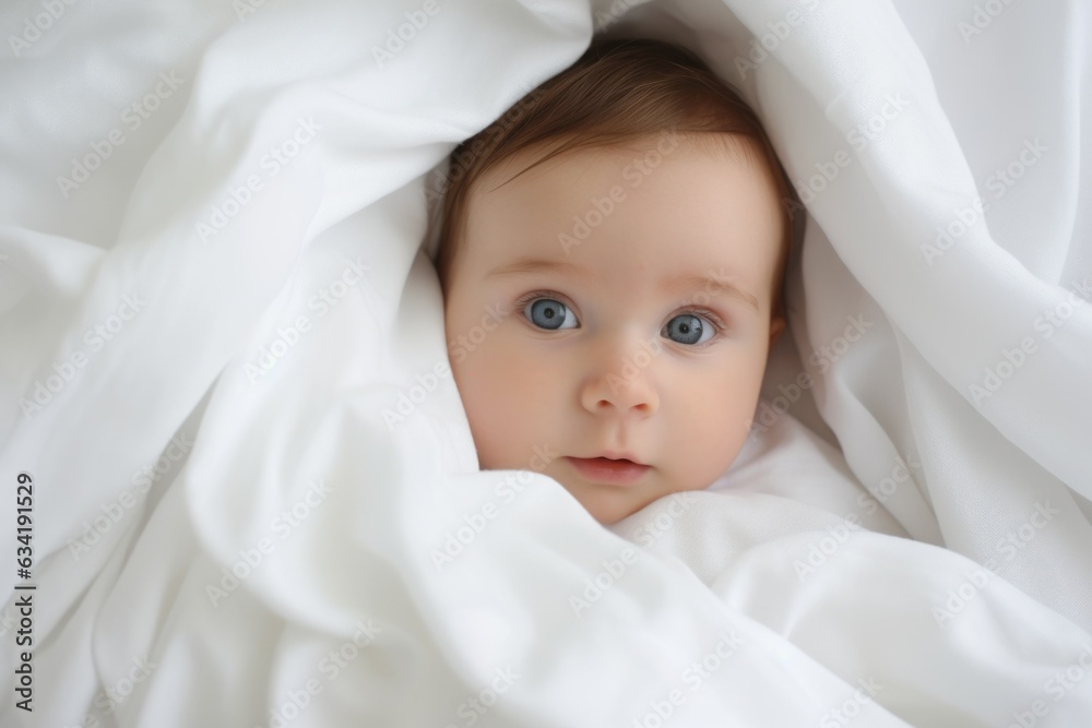 Portrait of a fictional innocent cute looking newborn baby smiling in a white sheet. Generative AI. Portrait of a fictional innocent cute looking newborn baby smiling in a white sheet. Generative AI.