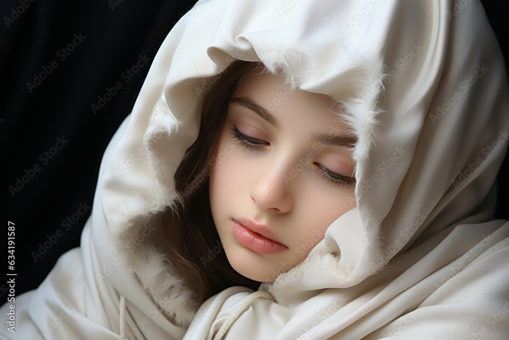 Portrait of a cute innocent fictional little girl sleeping in white sheets. Generative AI. Portrait of a cute innocent fictional little girl sleeping in white sheets. Generative AI.