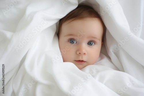 Portrait of a fictional innocent cute looking newborn baby smiling in a white sheet. Generative AI.