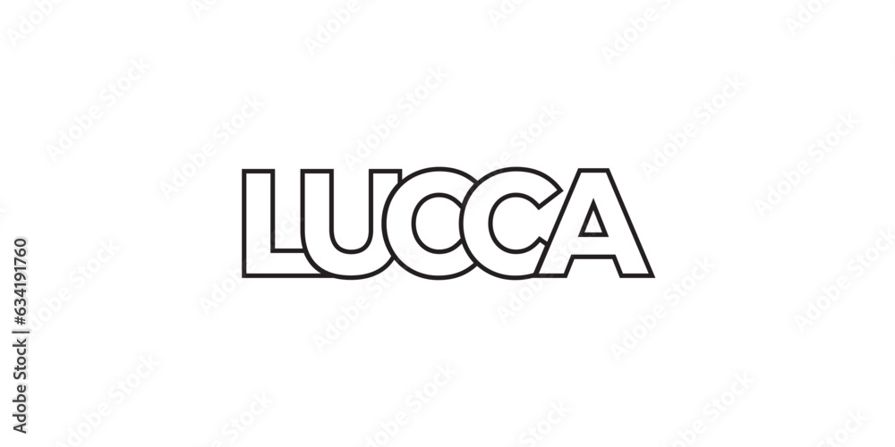 Lucca in the Italia emblem. The design features a geometric style, vector illustration with bold typography in a modern font. The graphic slogan lettering.