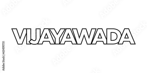 Vijayawada in the India emblem. The design features a geometric style, vector illustration with bold typography in a modern font. The graphic slogan lettering.