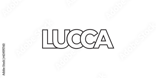 Lucca in the Italia emblem. The design features a geometric style, vector illustration with bold typography in a modern font. The graphic slogan lettering.