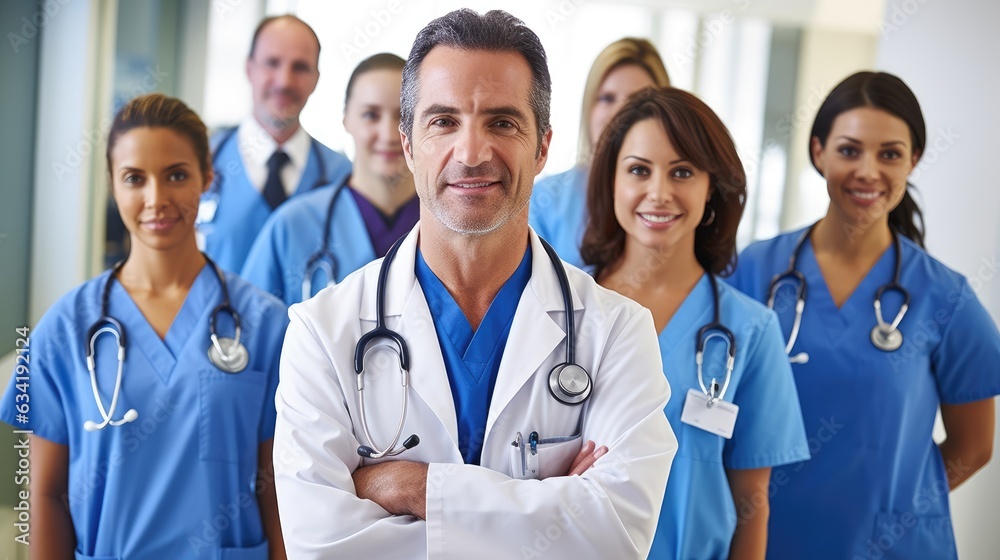 Group of doctors posing confidently in hospital corridor Group of doctors posing confidently in hospital corridor