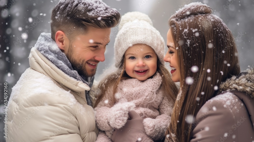 Mother and father hugging their children on a snowy winter day Mother and father hugging their children on a snowy winter day